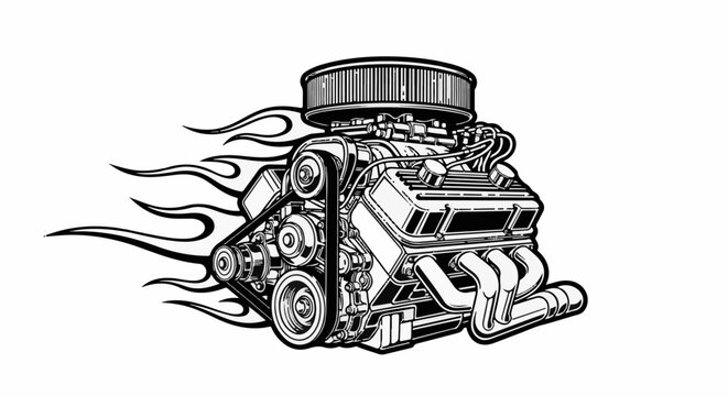 Powerful, detailed black and white illustration of a V8 engine with fiery flames