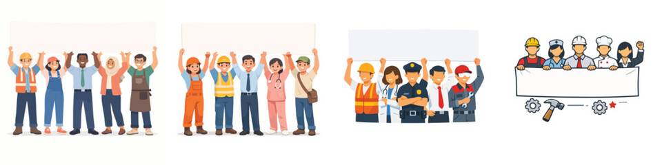 Fototapeta premium Vector of workers from various professions standing together. Labor Day theme. Vektor, illustration, minimalist, icon, set icon