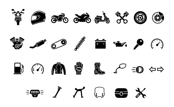 Motorcycle gear and equipment vector icon set. Helmet, gloves, boots, and accessories collection for motorbike safety design.