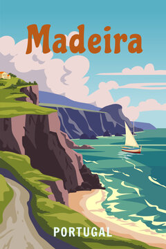 Vintage travel poster Madeira Portugal, tropical resort