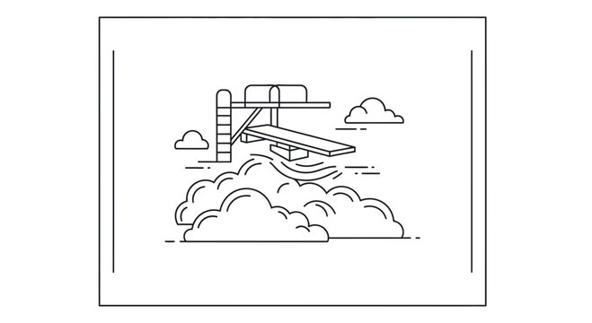 Diving Board Over Abstract Water Splash, Summer Sports Concept, Line Art Illustration