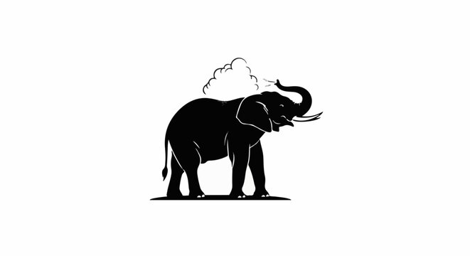 Silhouette of an elephant spraying water from its trunk, with a cloud above