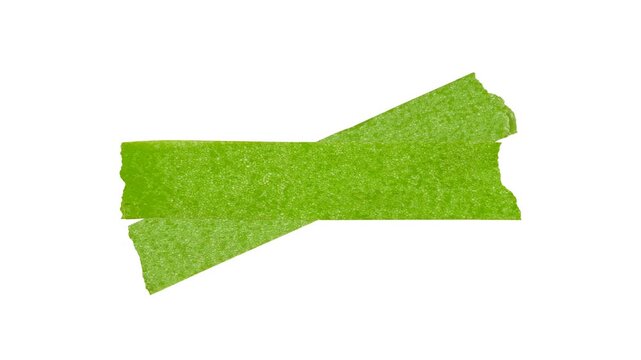 Two Green Adhesive Masking Tape Piece Peeling Off and Sticking on a transparent Background, Ripped Sticky Washi Tape Strip for Scrapbooking and Design.