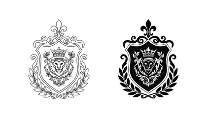 Regal lion head crest with crown and fleur de lis in elegant heraldic shield design for luxury branding © Vertex