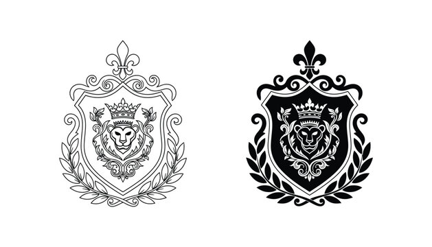 Regal lion head crest with crown and fleur de lis in elegant heraldic shield design for luxury branding