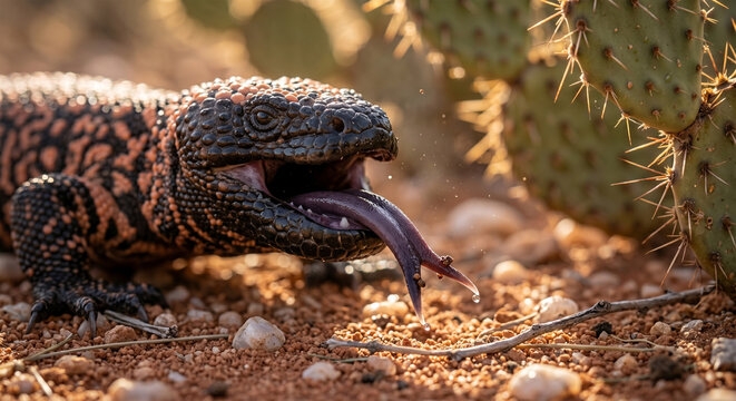 A dynamic macro photograph capturing the Gila Monster flicking its thick, bifurcated dark tongue to pick up chemical cues. 