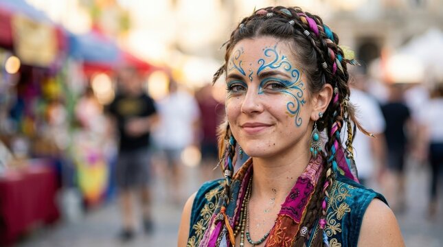 Woman with colorful face paint and braids at outdoor festival or market, looking happy and carefree with a blurred background