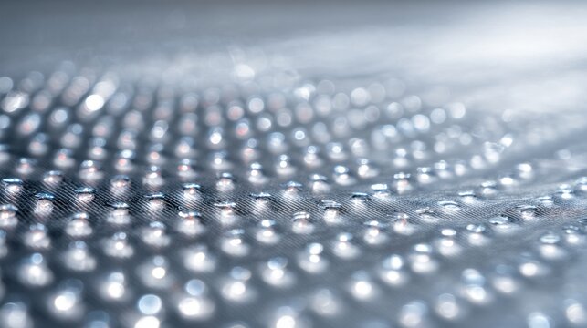Close up of a metallic surface with crystalline matrices and embedded tiny pulsating ligands, abstract scientific texture