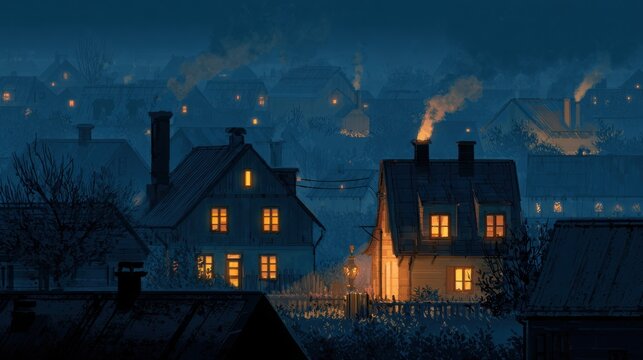 village evening warm lights in windows smoke from chimneys calm rural life peaceful atmosphere