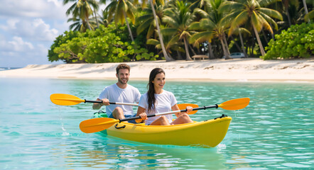 Obraz premium Couple paddling a yellow kayak in tropical water. Man and woman smiling while kayaking near a white sand beach with palm trees. Summer vacation lifestyle