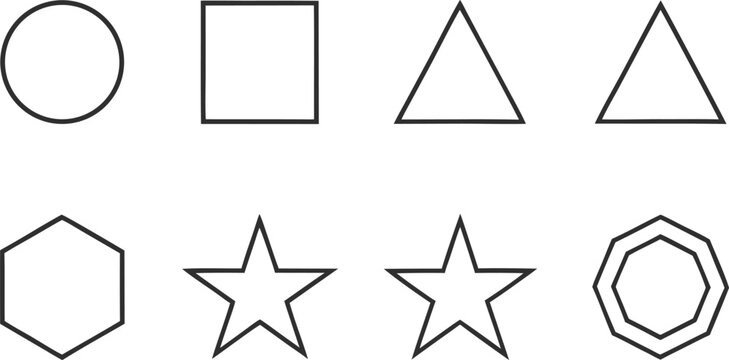 Collection of basic geometric shapes including circles, squares, triangles, stars, and hexagons