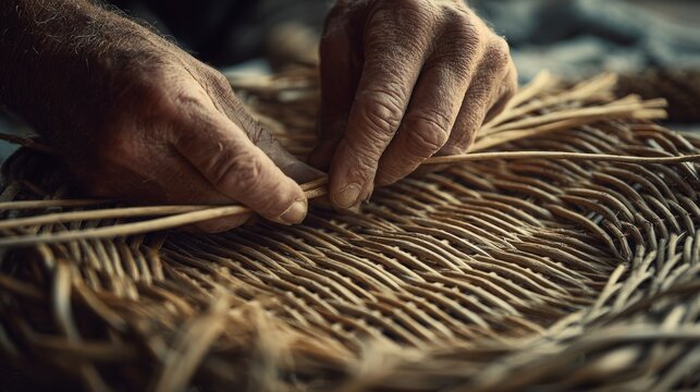 weaving wicker basket close up hands working natural material texture craftsmanship detail