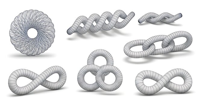 Abstract 3 d wireframe shapes torus chain and infinity loop renderings