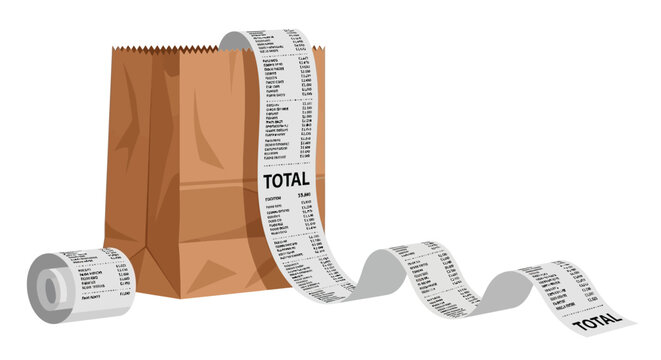 Brown paper bag with receipt and rolled receipt on white background