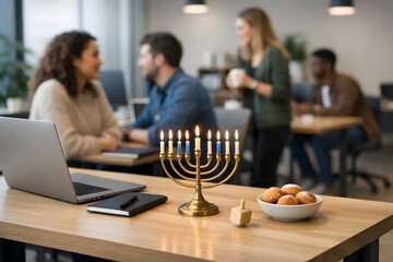 Fototapeta premium Diverse colleagues observe holiday traditions in a lively modern office break room, foster inclusion
