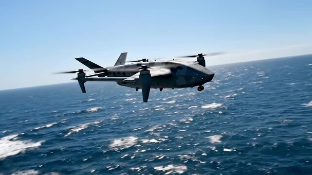 Tiltrotor Aircraft Patrol Over Open Ocean, Low Level Flight Above Wake And Sunlit Waves, Agile Rotorcraft Conducting Naval Reconnaissance Exercise, Onboard Crew Monitoring Sensors, High Speed Maritime