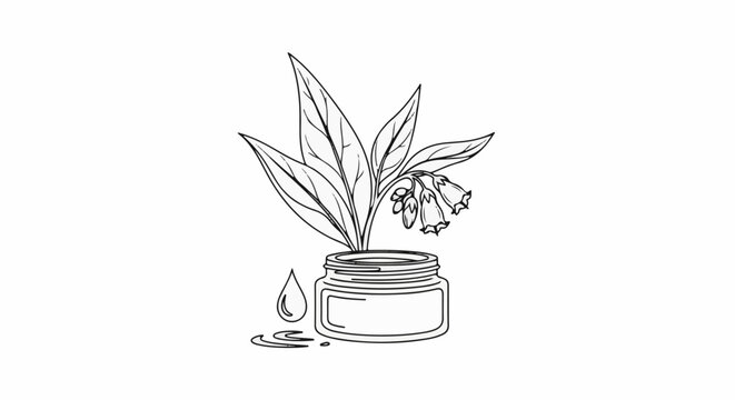 Plant with bell-shaped flowers and a jar with a drop of liquid