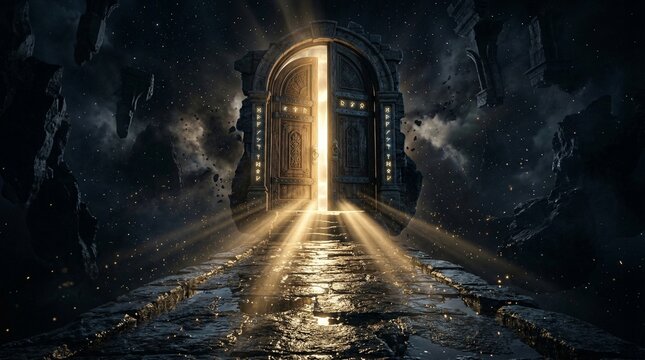 mysterious celestial gateway opening in cosmic space surrounded by floating rocks and starry sky with radiant golden light