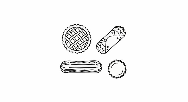 Simple line drawings of a pie, cannoli, eclair, and cookie