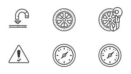 Fototapeta premium Automotive Icons: An assortment of line art icons depicting various automotive elements like tires and pressure gauges.