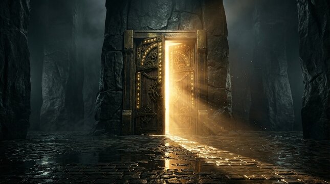 mysterious ancient door emitting golden light within dark cavern with stone walls and cobblestone floor