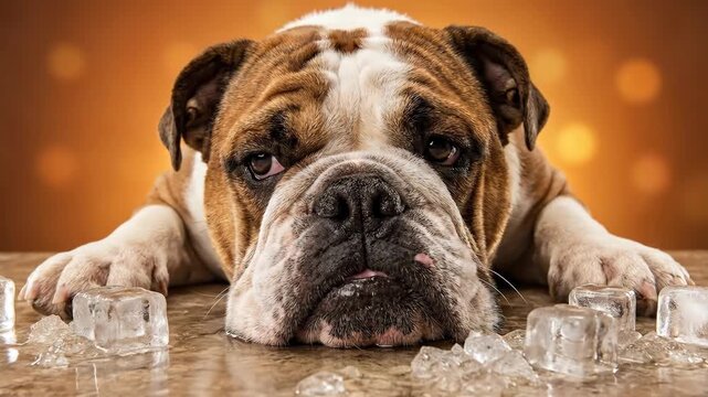 Heat wave stroke extreme summer bulldog dog ice hot tired pet cooling panting. Heat wave stroke extreme summer global warming, thermometer to high temperature, sun, climate hot weather