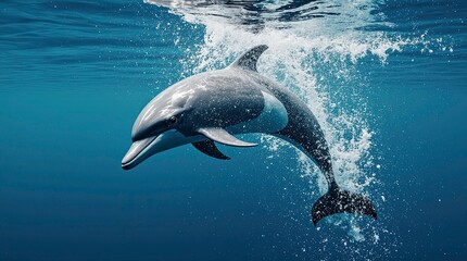 Naklejka premium A sleek dolphin diving in turquoise ocean water.