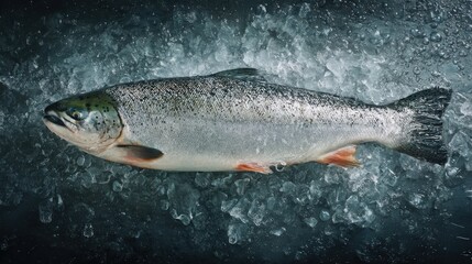Obraz premium whole salmon fish on crushed transparent ice, macro photography, cold northern fish market aesthetic, water droplets, natural silver skin reflection