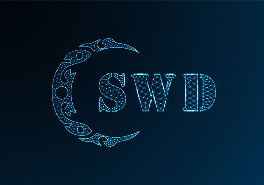 Low poly letter logo SWD design. SWD letter logo low poly vector design on blue color gradient background. SWD logo low poly design