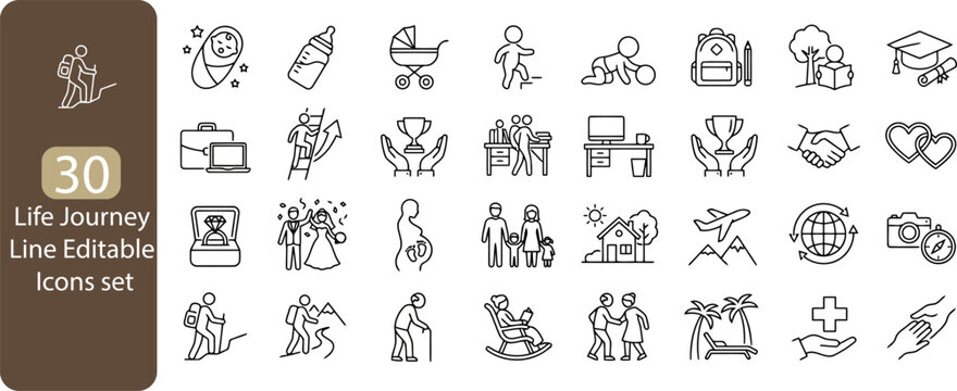 Life Journey Line Editable Icons set