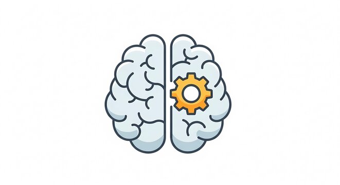 Illustration of a stylized brain with a gear mechanism inside.