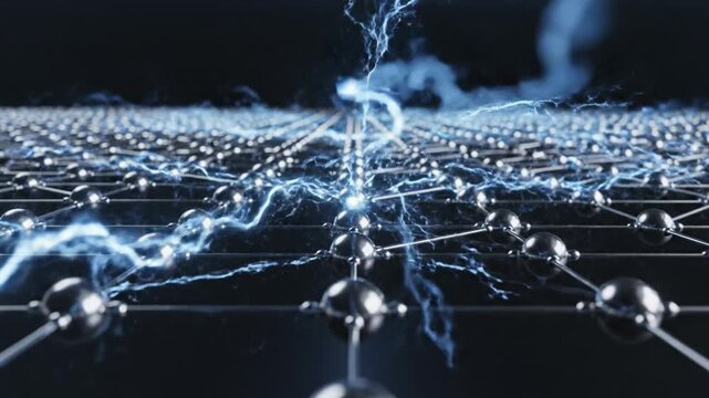 Electric current energy flowing through metallic sphere and rod network representing conductive lattice molecular structure with dynamic electricity technology spark wire grid blue high voltage