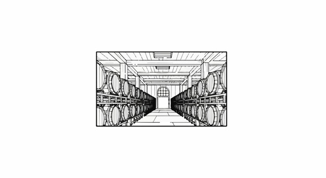 Rows of stacked wooden barrels in a long, arch-windowed cellar