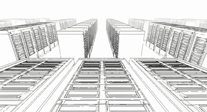 Rows of server racks in a digital data center with a bright, clean, and futuristic feel