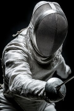 Fencer in full mask and gear in dramatic stance on dark background black and white