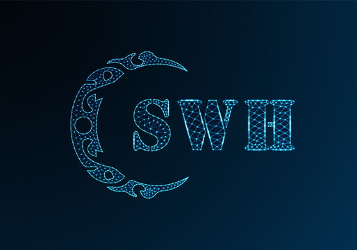 Low poly letter logo SWH design. SWH letter logo low poly vector design on blue color gradient background. SWH logo low poly design
