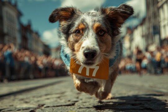 Dog wearing race number bib running in street marathon race with crowd in background