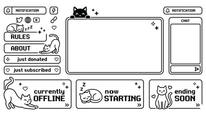 Cute black and white cat themed twitch streaming overlay kit with various panels and boxes. © MdJubayer