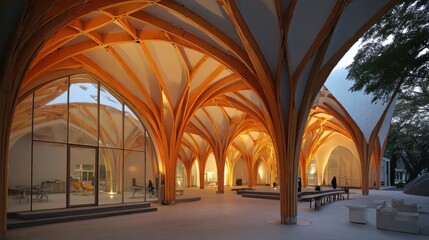 Fototapeta premium Grand Wooden Arched Ceiling Architecture with Organic Growth Patterns and Geometric Design