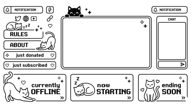 Cute black and white cat themed twitch streaming overlay kit with various panels and boxes.