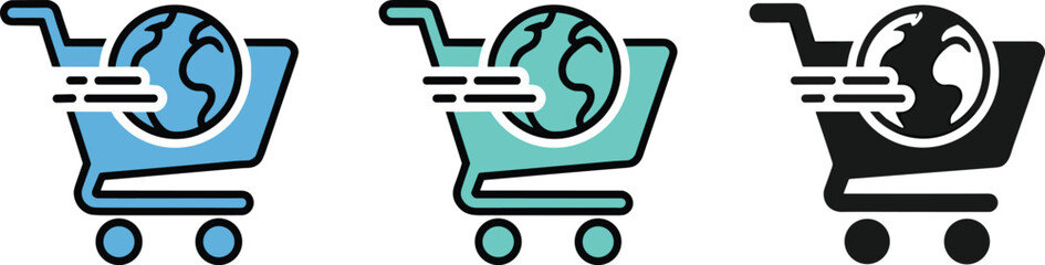 Global shopping cart icon set representing international e-commerce fast worldwide delivery shipping logistics and online retail business vector © MdMahedi