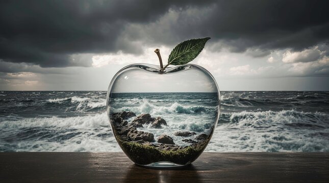Glass apple sitting on a wooden surface by the ocean, is perfectly transparent and reflective, with a metallic stem and a single leaf inside