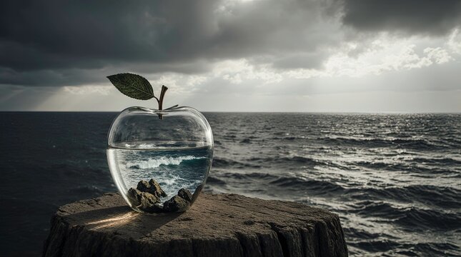 Glass apple sitting on a wooden surface by the ocean, is perfectly transparent and reflective, with a metallic stem and a single leaf inside