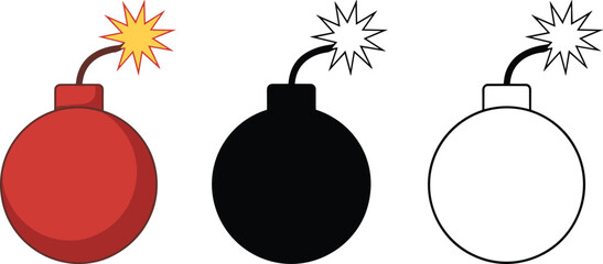 Classic round bomb icon set with burning wick representing explosion danger urgency weapon gaming and cartoon style fire vector © MdMahedi