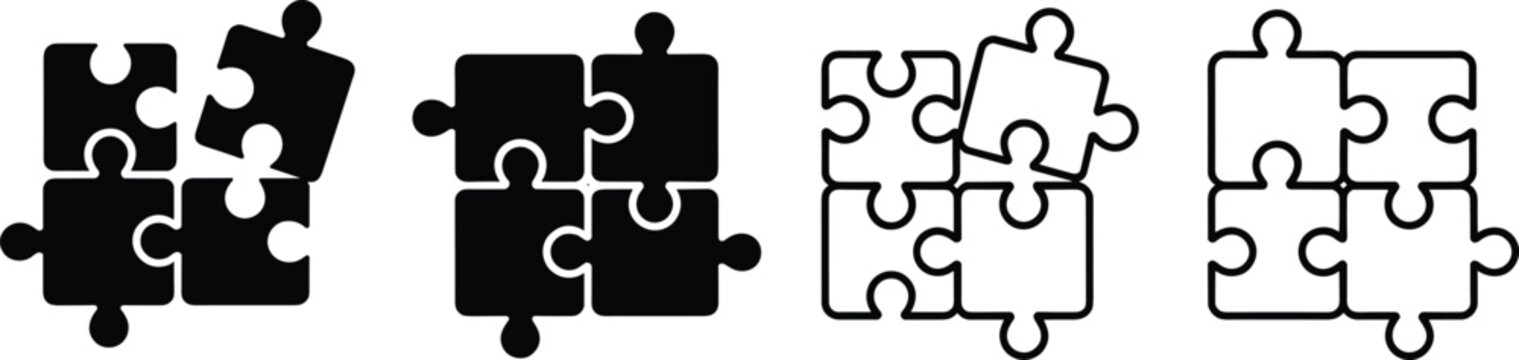 Puzzle piece icon set representing teamwork problem solving logic business strategy connection and integration of ideas flat vector illustration