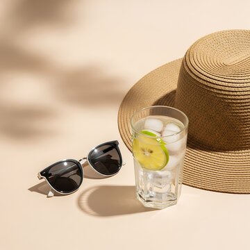 Summer accessories on beige background with shadows, cool drink, sunglasses and hat.