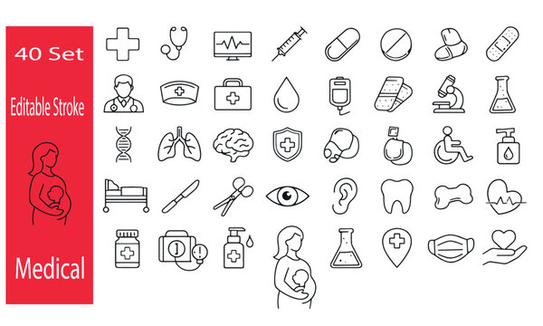 Black and white silhouette icons of medical and healthcare symbols including doctor stethoscope syringe DNA lungs brain and hospital equipment arranged in a cohesive set highlighting health and wellne