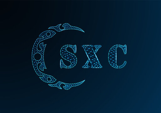 Low poly letter logo SXC design. SXC letter logo low poly vector design on blue color gradient background. SXC logo low poly design