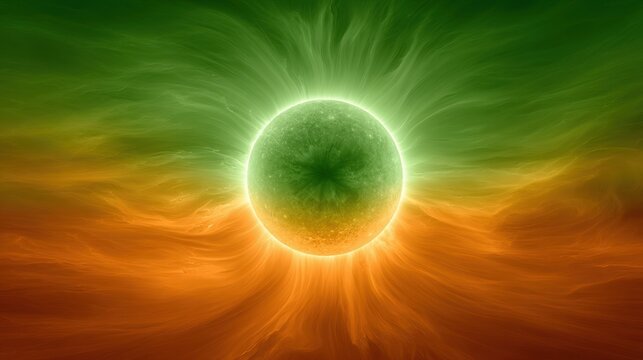Glistening fractalized light patterns emanating from a glowing green and orange sphere, representing cosmic energy and abstract art.