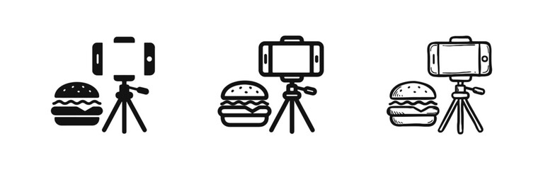 Naklejka premium Food Blogger Icon Set - Smartphone on Tripod Filming Hamburger for Social Media Content